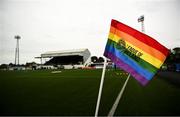 19 May 2023; A detailed view of the corner flag, a part of SSE Airtricity's LGBT Ireland Football takeover initiative, before the SSE Airtricity Men's Premier Division match between Dundalk and Bohemians at Oriel Park in Dundalk, Louth. Photo by Ramsey Cardy/Sportsfile