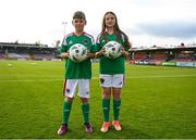 19 May 2023; Cork City mascots Denis Crowley, 11, and his sister Grace, 12, from Carrigaline before the SSE Airtricity Men's Premier Division match between Cork City and Sligo Rovers at Turner's Cross in Cork. Photo by Stephen Marken/Sportsfile