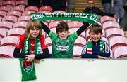 19 May 2023; Cork City supporters, from left, Jake Ryan, 11, Kyle Buckey, 9, and Billy Buckley, 8, before the SSE Airtricity Men's Premier Division match between Cork City and Sligo Rovers at Turner's Cross in Cork. Photo by Stephen Marken/Sportsfile