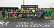 19 May 2023; Players from both teams hold an LGBT Ireland banner, a part of SSE Airtricity's LGBT Ireland Football takeover initiative, before the SSE Airtricity Men's First Division match between Kerry and Bray Wanderers at Mounthawk Park in Tralee, Kerry. Photo by Michael P Ryan/Sportsfile
