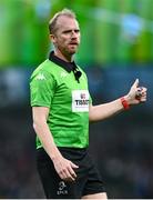 19 May 2023; Referee Wayne Barnes during the EPCR Challenge Cup Final match between Glasgow Warriors and RC Toulon at the Aviva Stadium in Dublin. Photo by Harry Murphy/Sportsfile