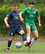 19 May 2023; Dane Massey of Bray Wanderers in action against Nathan Gleeson of Kerry FC during the SSE Airtricity Men's First Division match between Kerry and Bray Wanderers at Mounthawk Park in Tralee, Kerry. Photo by Michael P Ryan/Sportsfile