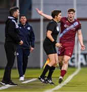 19 May 2023; Freddie Draper of Drogheda United remonstrates with assistant referee Michelle O'Neill during the SSE Airtricity Men's Premier Division match between Shamrock Rovers and Drogheda United at Tallaght Stadium in Dublin. Photo by Piaras Ó Mídheach/Sportsfile