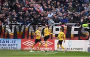 19 May 2023; Sam Curtis, right, of St Patrick's Athletic celebrates after scoring his side's first goal with team-mates Jamie Lennon, 6, and Tom Grivosti, left, during the SSE Airtricity Men's Premier Division match between Shelbourne and St Patrick's Athletic at Tolka Park in Dublin. Photo by Stephen McCarthy/Sportsfile