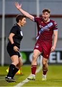 19 May 2023; Freddie Draper of Drogheda United remonstrates with assistant referee Michelle O'Neill during the SSE Airtricity Men's Premier Division match between Shamrock Rovers and Drogheda United at Tallaght Stadium in Dublin. Photo by Piaras Ó Mídheach/Sportsfile