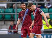 19 May 2023; Freddie Draper of Drogheda United, right, celebrates with teammate Ryan Brennan after scoring their side's first goal during the SSE Airtricity Men's Premier Division match between Shamrock Rovers and Drogheda United at Tallaght Stadium in Dublin. Photo by Piaras Ó Mídheach/Sportsfile