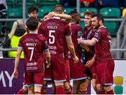 19 May 2023; Freddie Draper of Drogheda United, second from right, celebrates with teammates after scoring their side's first goal during the SSE Airtricity Men's Premier Division match between Shamrock Rovers and Drogheda United at Tallaght Stadium in Dublin. Photo by Piaras Ó Mídheach/Sportsfile
