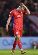 19 May 2023; Matty Smith of Shelbourne reacts during the SSE Airtricity Men's Premier Division match between Shelbourne and St Patrick's Athletic at Tolka Park in Dublin. Photo by Stephen McCarthy/Sportsfile