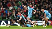 19 May 2023; Jiuta Wainiqolo of RC Toulon dives over to score his side's fourth try despite the tackle of George Horne of Glasgow Warriors during the EPCR Challenge Cup Final match between Glasgow Warriors and RC Toulon at the Aviva Stadium in Dublin. Photo by Harry Murphy/Sportsfile