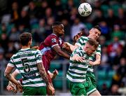 19 May 2023; Shamrock Rovers players Sean Hoare, front, Gary O'Neill and Lee Grace, 5, in action against Emmanuel Adegboyega of Drogheda United during the SSE Airtricity Men's Premier Division match between Shamrock Rovers and Drogheda United at Tallaght Stadium in Dublin. Photo by Piaras Ó Mídheach/Sportsfile