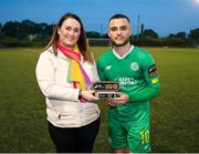 19 May 2023; SSE Airtricity marketing specialist Ruth Rapple presents the man of the match award to Leo Gaxha of Kerry FC after the SSE Airtricity Men's First Division match between Kerry and Bray Wanderers at Mounthawk Park in Tralee, Kerry. Photo by Michael P Ryan/Sportsfile