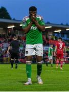 19 May 2023; Tunde Owolabi of Cork City reacts during the SSE Airtricity Men's Premier Division match between Cork City and Sligo Rovers at Turner's Cross in Cork. Photo by Stephen Marken/Sportsfile