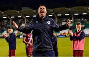 19 May 2023; Drogheda United manager Kevin Doherty celebrates after his side's victory in the SSE Airtricity Men's Premier Division match between Shamrock Rovers and Drogheda United at Tallaght Stadium in Dublin. Photo by Piaras Ó Mídheach/Sportsfile