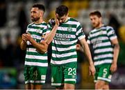 19 May 2023; Shamrock Rovers players, from left, Roberto Lopes, Neil Farrugia and Lee Grace after their side's defeat in the SSE Airtricity Men's Premier Division match between Shamrock Rovers and Drogheda United at Tallaght Stadium in Dublin. Photo by Piaras Ó Mídheach/Sportsfile
