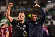 19 May 2023; Drogheda United manager Kevin Doherty celebrates with his goalkeeper Colin McCabe after their side's victory in the SSE Airtricity Men's Premier Division match between Shamrock Rovers and Drogheda United at Tallaght Stadium in Dublin. Photo by Piaras Ó Mídheach/Sportsfile