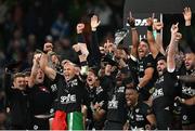 19 May 2023; The RC Toulon team celebrate with the cup after the EPCR Challenge Cup Final match between Glasgow Warriors and RC Toulon at Aviva Stadium in Dublin. Photo by Brendan Moran/Sportsfile