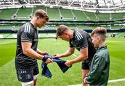 19 May 2023; Josh van der Flier and Garry Ringrose with Luke Skelly during a Leinster Rugby captain's run at the Aviva Stadium in Dublin. Photo by Harry Murphy/Sportsfile
