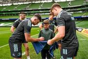 19 May 2023; Hugo Keenan and Garry Ringrose with Luke Skelly during a Leinster Rugby captain's run at the Aviva Stadium in Dublin. Photo by Harry Murphy/Sportsfile