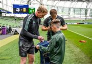19 May 2023; Leinster head coach Leo Cullen, Garry Ringrose and Luke Skelly during a Leinster Rugby captain's run at the Aviva Stadium in Dublin. Photo by Harry Murphy/Sportsfile