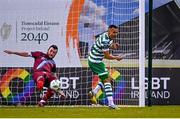 19 May 2023; Ryan Brennan of Drogheda United clears the ball off the goal line under pressure from Graham Burke of Shamrock Rovers during the SSE Airtricity Men's Premier Division match between Shamrock Rovers and Drogheda United at Tallaght Stadium in Dublin. Photo by Piaras Ó Mídheach/Sportsfile