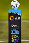 19 May 2023; A general view of the matchball on a branded plinth, a part of SSE Airtricity's LGBT Ireland Football takeover initiative, at the SSE Airtricity Men's Premier Division match between Shamrock Rovers and Drogheda United at Tallaght Stadium in Dublin. Photo by Piaras Ó Mídheach/Sportsfile
