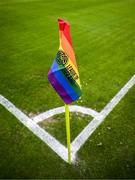 19 May 2023; A detailed view of a corner flag in the LGBT colours, a part of SSE Airtricity's LGBT Ireland Football takeover initiative, before the SSE Airtricity Men's Premier Division match between Shelbourne and St Patrick's Athletic at Tolka Park in Dublin. Photo by Stephen McCarthy/Sportsfile