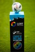 19 May 2023; The matchball is displayed on an LGBT Ireland branded plinth, a part of SSE Airtricity's LGBT Ireland Football takeover initiative, before the SSE Airtricity Men's Premier Division match between Shelbourne and St Patrick's Athletic at Tolka Park in Dublin. Photo by Stephen McCarthy/Sportsfile