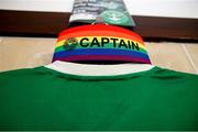 19 May 2023; A LGBT Ireland branded captain's armband, a part of SSE Airtricity's LGBT Ireland Football takeover initiative, before the SSE Airtricity Men's First Division match between Kerry and Bray Wanderers at Mounthawk Park in Tralee, Kerry. Photo by Michael P Ryan/Sportsfile