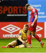 19 May 2023; Matty Smith of Shelbourne and Thijs Timmermans of St Patrick's Athletic during the SSE Airtricity Men's Premier Division match between Shelbourne and St Patrick's Athletic at Tolka Park in Dublin. Photo by Stephen McCarthy/Sportsfile