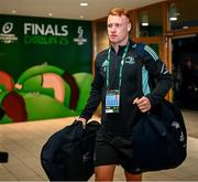 20 May 2023; Ciarán Frawley of Leinster arrives before the Heineken Champions Cup Final match between Leinster and La Rochelle at Aviva Stadium in Dublin. Photo by Harry Murphy/Sportsfile