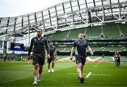 20 May 2023; Charlie Ngatai, left, and Cian Healy of Leinster walk the pitch before the Heineken Champions Cup Final match between Leinster and La Rochelle at Aviva Stadium in Dublin. Photo by Harry Murphy/Sportsfile