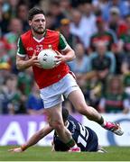 20 May 2023; Pádraig O’Hora of Mayo in action against Paul Geaney of Kerry during the GAA Football All-Ireland Senior Championship Round 1 match between Kerry and Mayo at Fitzgerald Stadium in Killarney, Kerry. Photo by Piaras Ó Mídheach/Sportsfile