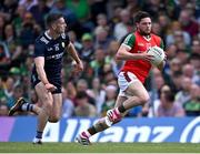 20 May 2023; Pádraig O’Hora of Mayo in action against Paul Geaney of Kerry during the GAA Football All-Ireland Senior Championship Round 1 match between Kerry and Mayo at Fitzgerald Stadium in Killarney, Kerry. Photo by Piaras Ó Mídheach/Sportsfile