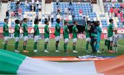 20 May 2023; Republic of Ireland players before the UEFA European U17 Championship Final Tournament match between Republic of Ireland and Wales at Pancho Aréna in Felcsút, Hungary. Photo by David Balogh/Sportsfile