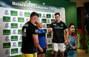 20 May 2023; Team captains La Rochelle captain Grégory Alldritt, left, and Leinster captain James Ryan perform the coin toss in the company of referee Jaco Peyper before the Heineken Champions Cup Final match between Leinster and La Rochelle at Aviva Stadium in Dublin. Photo by Harry Murphy/Sportsfile