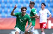20 May 2023; Najemedine Razi of Republic of Ireland celebrates after scoring his side's first goal during the UEFA European U17 Championship Final Tournament match between Republic of Ireland and Wales at Pancho Aréna in Felcsút, Hungary. Photo by David Balogh/Sportsfile