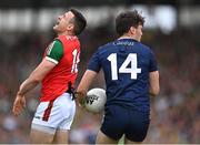 20 May 2023; Jason Doherty of Mayo reacts after David Clifford of Kerry, 14, was awarded a free during the GAA Football All-Ireland Senior Championship Round 1 match between Kerry and Mayo at Fitzgerald Stadium in Killarney, Kerry. Photo by Piaras Ó Mídheach/Sportsfile