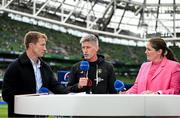 20 May 2023; La Rochelle head coach Ronan O'Gara, centre, speaks to former teammate Jerry Flannery and RTE Analyst Fiona Coughlan before the Heineken Champions Cup Final match between Leinster and La Rochelle at Aviva Stadium in Dublin. Photo by Brendan Moran/Sportsfile