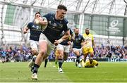 20 May 2023; Dan Sheehan of Leinster scores his side's first try in the first minute of the Heineken Champions Cup Final match between Leinster and La Rochelle at Aviva Stadium in Dublin. Photo by Ramsey Cardy/Sportsfile