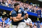 20 May 2023; Jimmy O'Brien of Leinster, left, celebrates with teammate Caelan Doris after scoring their side's second try during the Heineken Champions Cup Final match between Leinster and La Rochelle at Aviva Stadium in Dublin. Photo by Ramsey Cardy/Sportsfile