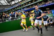 20 May 2023; Leinster captain James Ryan leads his side out before the Heineken Champions Cup Final match between Leinster and La Rochelle at Aviva Stadium in Dublin. Photo by Brendan Moran/Sportsfile