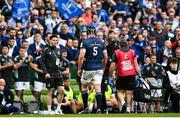 20 May 2023; James Ryan of Leinster is escorted off the pitch during the Heineken Champions Cup Final match between Leinster and La Rochelle at Aviva Stadium in Dublin. Photo by Harry Murphy/Sportsfile