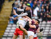 20 May 2023; Galway goalkeeper Connor Gleeson and teammate Cillian McDaid in action against Brian Kennedy of Tyrone during the GAA Football All-Ireland Senior Championship Round 1 match between Galway and Tyrone at Pearse Stadium in Galway. Photo by Ray Ryan/Sportsfile