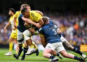 20 May 2023; Will Skelton of La Rochelle is tackled by Ross Molony, left, and Tadhg Furlong of Leinster during the Heineken Champions Cup Final match between Leinster and La Rochelle at Aviva Stadium in Dublin. Photo by Brendan Moran/Sportsfile