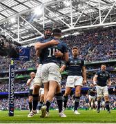 20 May 2023; Jimmy O'Brien of Leinster celebrates with Caelan Doris after scoring their side's second try during the Heineken Champions Cup Final match between Leinster and La Rochelle at Aviva Stadium in Dublin. Photo by Ramsey Cardy/Sportsfile