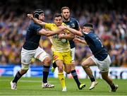 20 May 2023; Brice Dulin of La Rochelle is tackled by Caelan Doris, left, and Jimmy O'Brien of Leinster during the Heineken Champions Cup Final match between Leinster and La Rochelle at Aviva Stadium in Dublin. Photo by Brendan Moran/Sportsfile