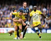 20 May 2023; Brice Dulin of La Rochelle is tackled by Caelan Doris, left, and Jimmy O'Brien of Leinster during the Heineken Champions Cup Final match between Leinster and La Rochelle at Aviva Stadium in Dublin. Photo by Brendan Moran/Sportsfile