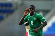 20 May 2023; Romeo Akachukwu of Republic of Ireland celebrates after scoring his side's third goal during the UEFA European U17 Championship Final Tournament match between Republic of Ireland and Wales at Pancho Aréna in Felcsút, Hungary. Photo by David Balogh/Sportsfile