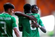 20 May 2023; Romeo Akachukwu of Republic of Ireland, 8, celebrates with teammate Ikechukwu Orazi after scoring their side's third goal during the UEFA European U17 Championship Final Tournament match between Republic of Ireland and Wales at Pancho Aréna in Felcsút, Hungary. Photo by David Balogh/Sportsfile
