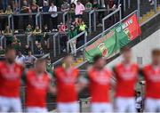 20 May 2023; Mayo flags on display as Mayo players stand for Amhrán na bhFiann before the GAA Football All-Ireland Senior Championship Round 1 match between Kerry and Mayo at Fitzgerald Stadium in Killarney, Kerry. Photo by Piaras Ó Mídheach/Sportsfile